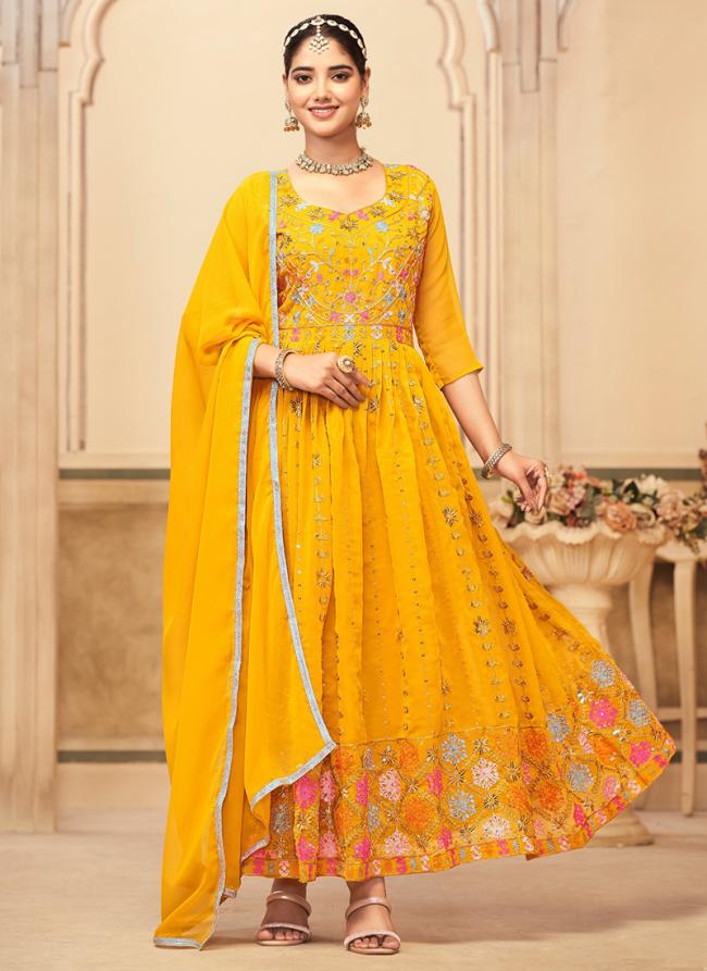 Georgette Yellow Festival Wear Embroidery Work Readymade Anarkali Suit